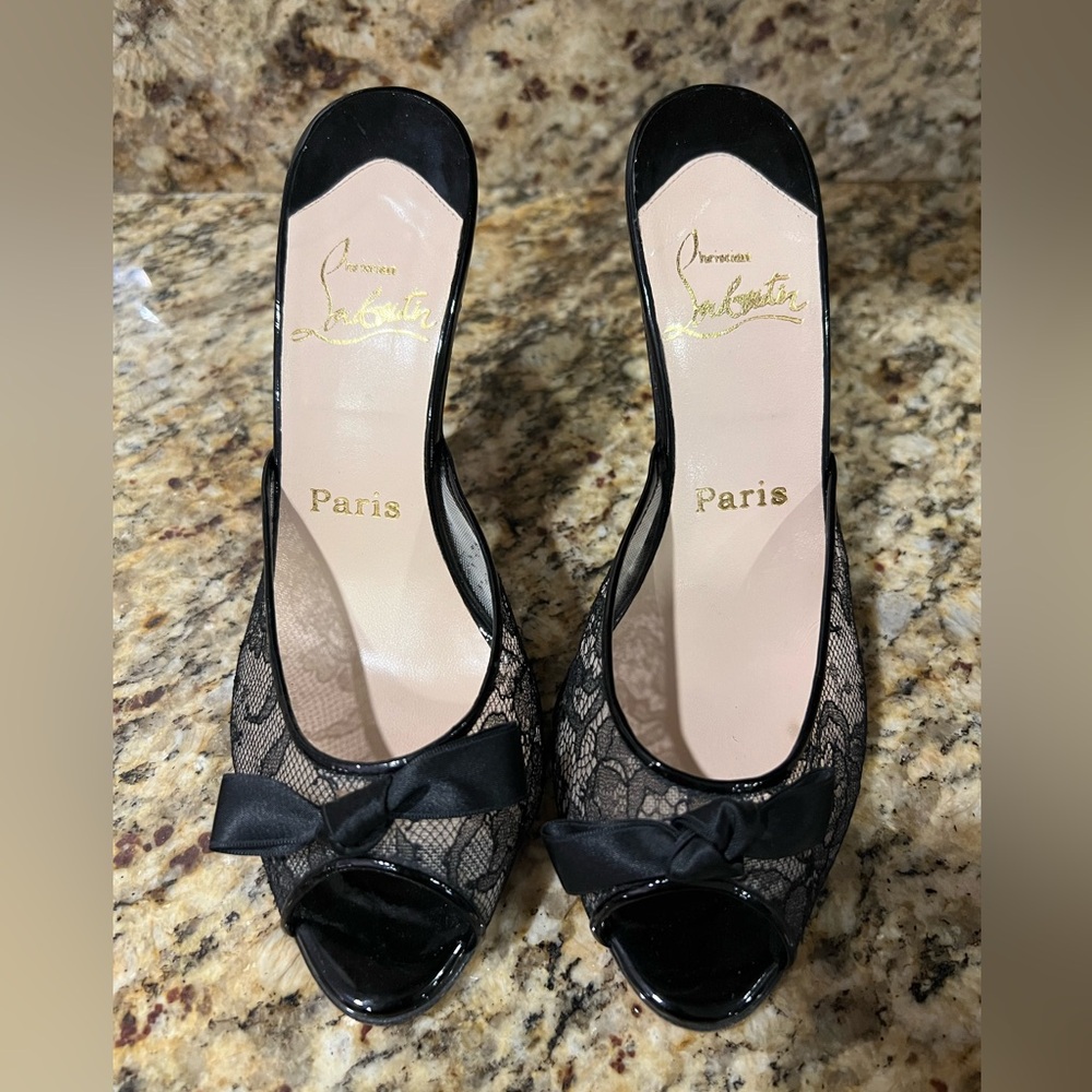 Christian Louboutin Black Satin Floral Lace and leather heels size 37 1/2